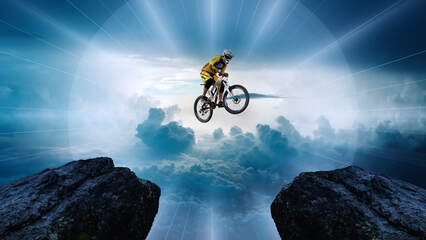 bike rider jumping between two cliffs amongst the clouds